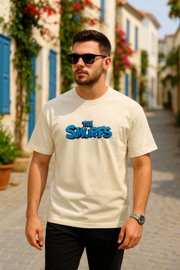 Ön Ve Arka Baskılı Oversize Bisiklet Yaka T-shirt- Beyaz resmi